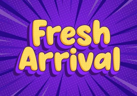 Fresh arrival comic text on purple burst background Stock Illustration