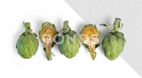 Fresh artichoke isolated from editable background, top view. Mockup Modello PSD