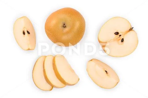 Fresh asian pear isolated on white background. Top view. Flat lay. Set or Stock Photos