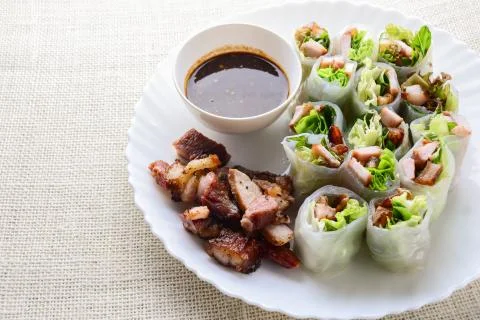 Fresh assorted Asian spring rolls with grilled pork, fresh vegetable. Healthy Stock Photos