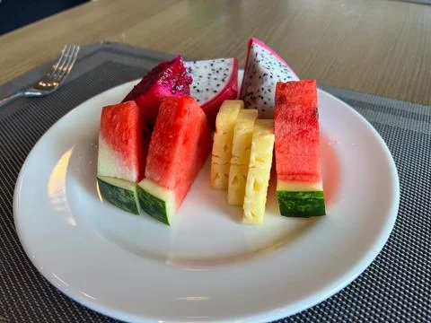 Fresh Assorted Fruit Plate with Watermelon, Pineapple, and Dragon Fruit Stock Photos