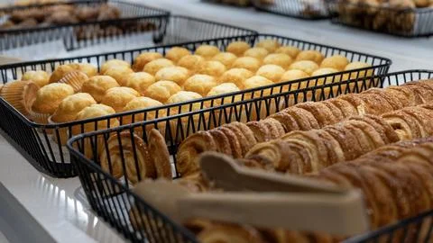 Fresh Assorted Pastries Display in Bakery Close Up Stockfoto's