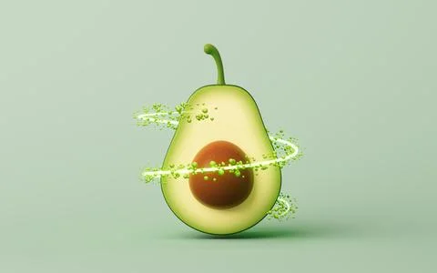 Fresh avocado fruit with molecular elements, 3d rendering. 스톡 일러스트