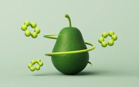 Fresh avocado fruit with molecular elements, 3d rendering. 스톡 일러스트