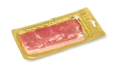 Fresh bacon strips in sealed packaging tray Fresh bacon strips in sealed p... Stock Photos