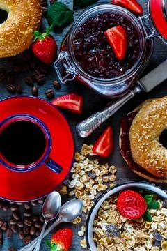 Fresh bagel with jam Stock Photos