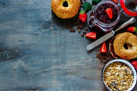 Fresh bagel with jam Stock Photos