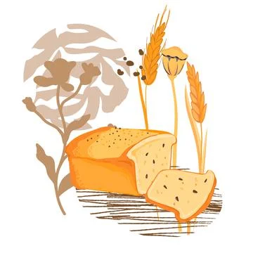 Fresh baked bread and wheat ears at decorative backdrop, flat vector isolated Stock Illustration