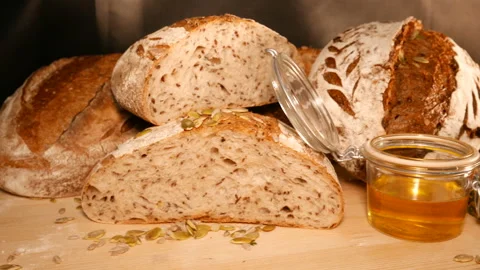 Fresh baked bread. beautiful bread in the bakery Stock Footage 85540578