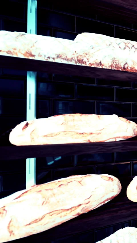 Fresh baked bread displayed on shelves in a local bakery in the morning Stock Footage 342181676