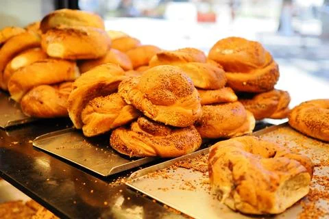 Fresh baked bread rolls at a local bakery in the morning Stock Photos