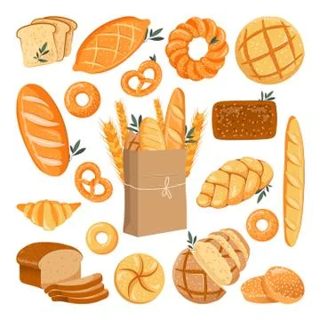 Fresh baked grain bread set. Vector flat cartoon illustration. Bakery design Stock Illustration