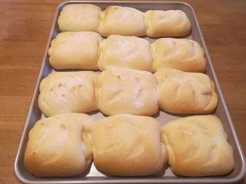 Fresh Baked Soft Dinner Rolls On Metal Baking Tray Homemade Bread Stock Photos