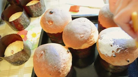 Fresh baked sweet bread for Easter holiday paskas, Ukrainian religious tradition Stock Footage 186204164