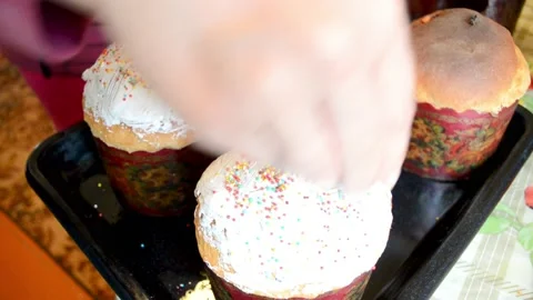 Fresh baked sweet bread for Easter holiday paskas, Ukrainian religious tradition Stock Footage 186210233