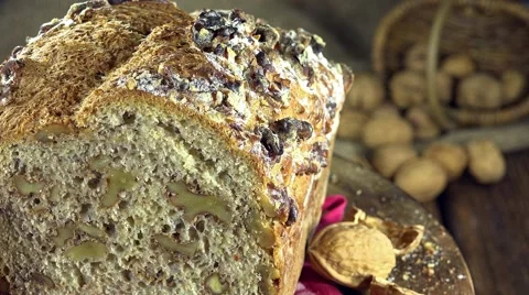 Fresh baked walnut bread (not loopable) Video stock 45312639