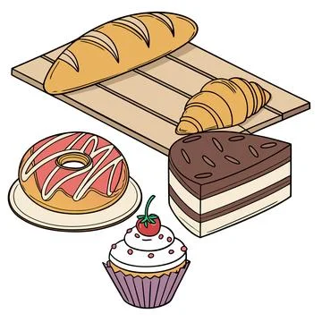 Fresh Bakery and Pastry Vector Set with Bread Croissants and Donuts Stock Illustration