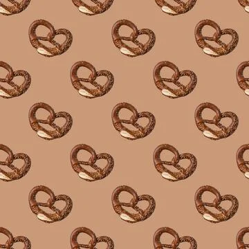 Fresh bakery pretzels seamless pattern on brown background. Concept food 스톡 사진