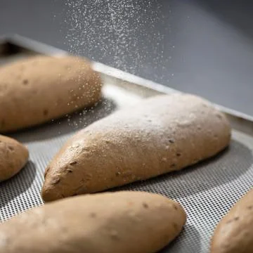 Fresh baking, cooking process. Home bread, loaves of grain bread on metal stove Stock Photos