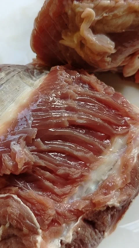 Fresh beef meat on a white serving plate, emphasizing natural ingredients 库存影片 336060230