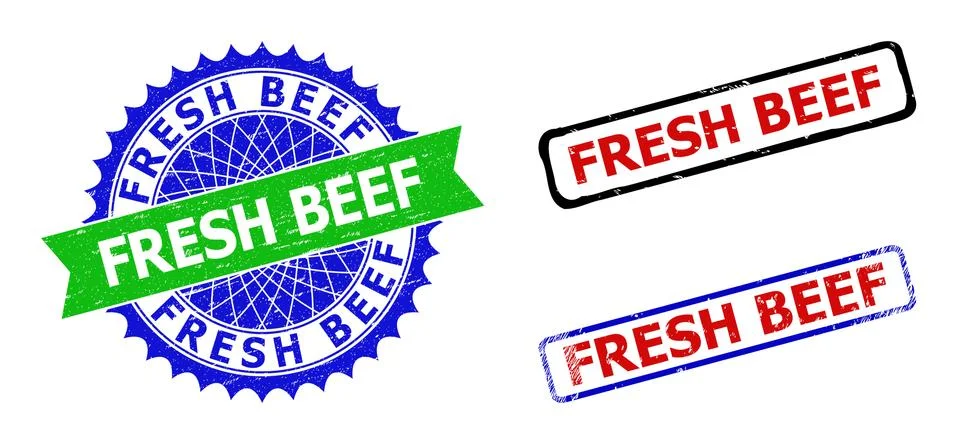 FRESH BEEF Rosette and Rectangle Bicolor Badges with Grunge Textures Stock Illustration