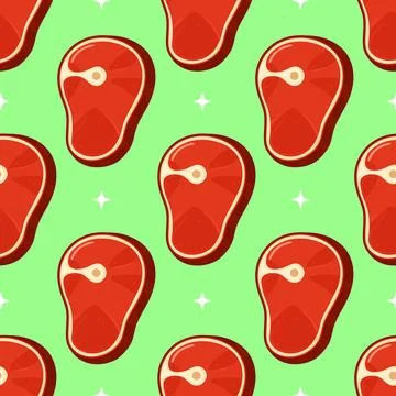 Fresh beef steak seamless pattern on green Stock Illustration
