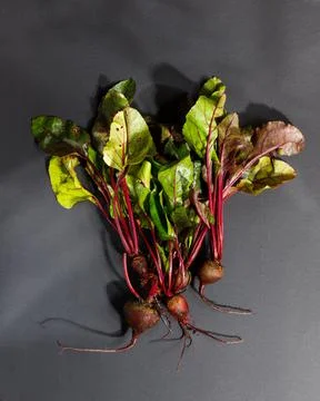 Fresh beetroot with tops on a black background. A vertical frame with space. Top Stock Photos