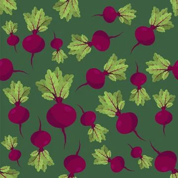 Fresh Beetroot Vegetable with Green Leaves on Green Background. Seamless Food Stockillustratie