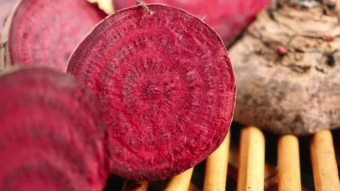 Fresh beets on display at the market in bright sunlight Stock Footage 336038496