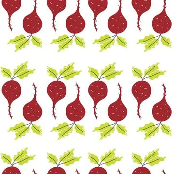 Fresh beets on a white background. Vector seamless pattern in flat style Stock Illustration