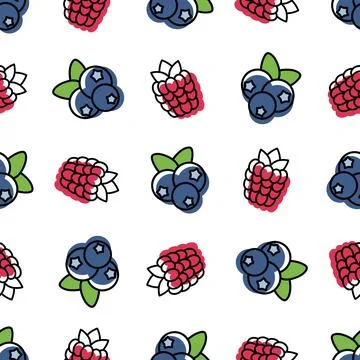 Fresh berries seamless pattern raspberries, blueberries on the white isolated Stock Illustration