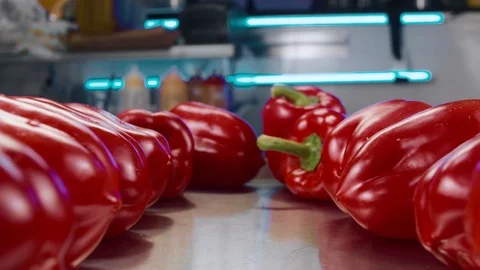 Fresh big beautiful red bell pepper falls on the table. 4K slow motion video Stock Footage 111629168