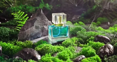 Fresh blue perfume on moss in dark hazy forest. Vidéo 333537890