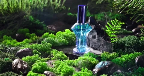 Fresh blue perfume on moss in dark hazy forest. Stock-Footage 335108645