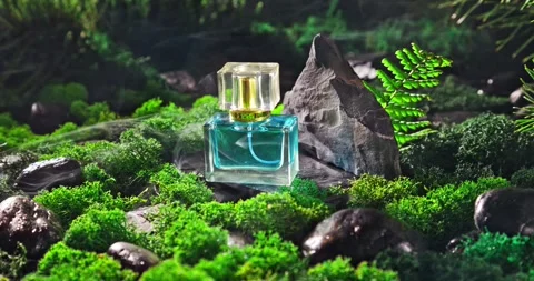 Fresh blue perfume on moss in dark hazy forest. Stock-Footage 335599823