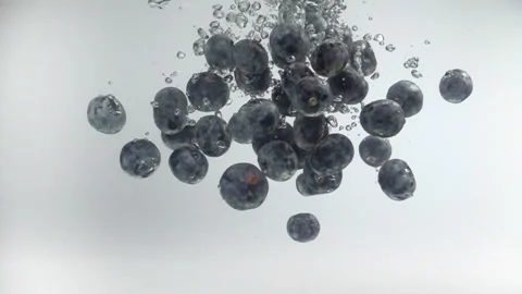 Fresh blueberries fall into the water with splashes and bubbles in slow motion Stock Footage 144489385
