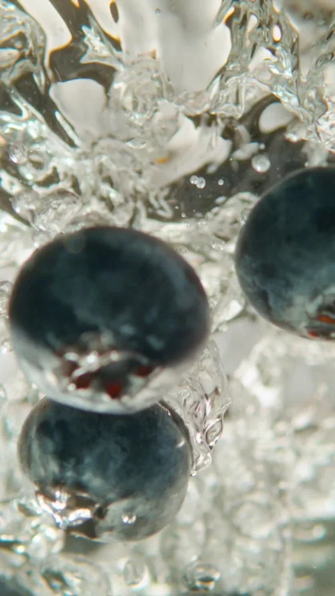 Fresh blueberries falling into water with air bubbles in clear liquid conta.. Stock Footage 337596982