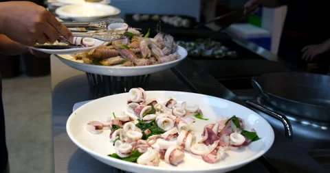 Fresh body, squid, raw, three carcasses, top view, no people, on a plate, Stock Footage 276570582