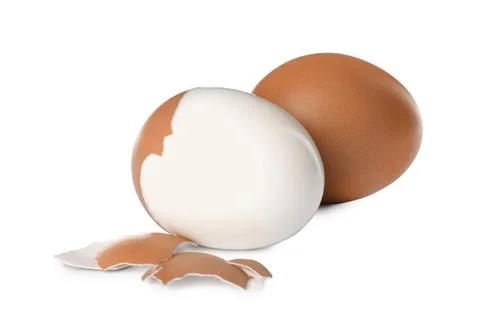 Fresh boiled eggs and shell on white background 写真素材