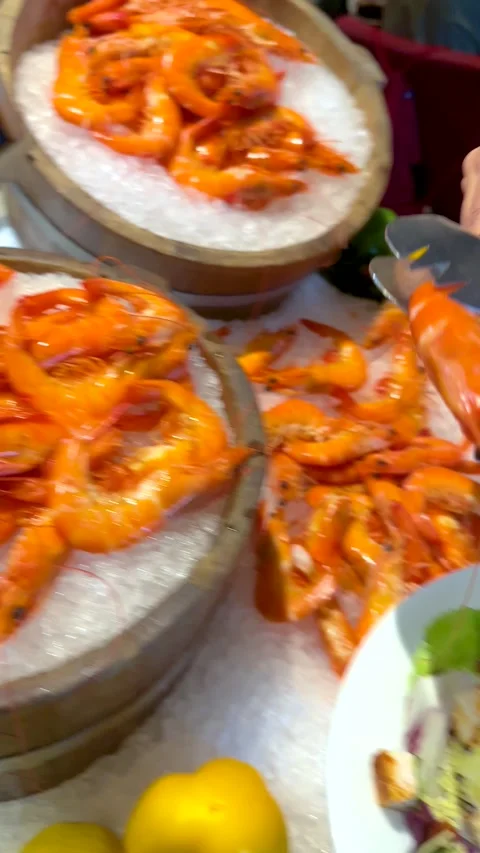 Fresh Boiled Prawns Served on Ice at a Seafood Buffet Market Stock Footage 335006827