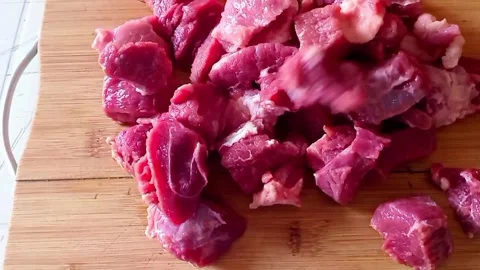 Fresh Boneless Mutton on Cutting Board | Kebab Prep Ingredients Stock Footage 313794674