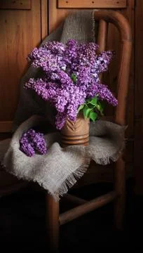 Fresh branches of lilac in a rustic style. Stock Photos