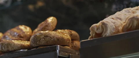 Fresh bread and buns in a cafe shop Stock Footage 152582989