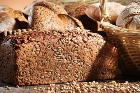 Fresh bread and buns close up Stock Photos