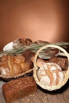 Fresh bread and buns close up Stock Photos