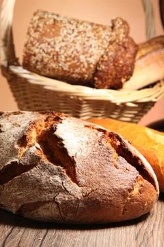 Fresh bread and buns close up Stock Photos