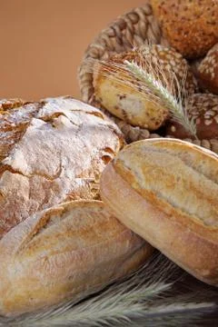 Fresh bread and buns close up Stock Photos