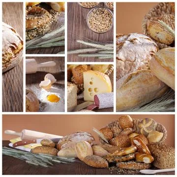 Fresh bread and buns collage Stock Photos
