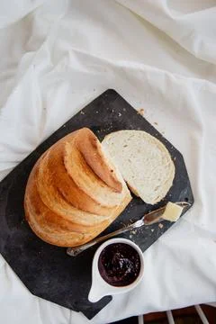 Fresh bread and jam Stock Photos