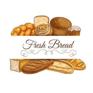 Fresh bread and pastry vector sketch frame, banner Stock Illustration